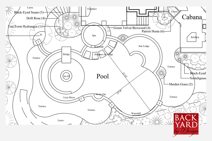 A landscape, pool, and construction plan by Backyard by Design Kansas City
