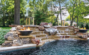 Backyard by design luxurious pool, landscaping and fireplace